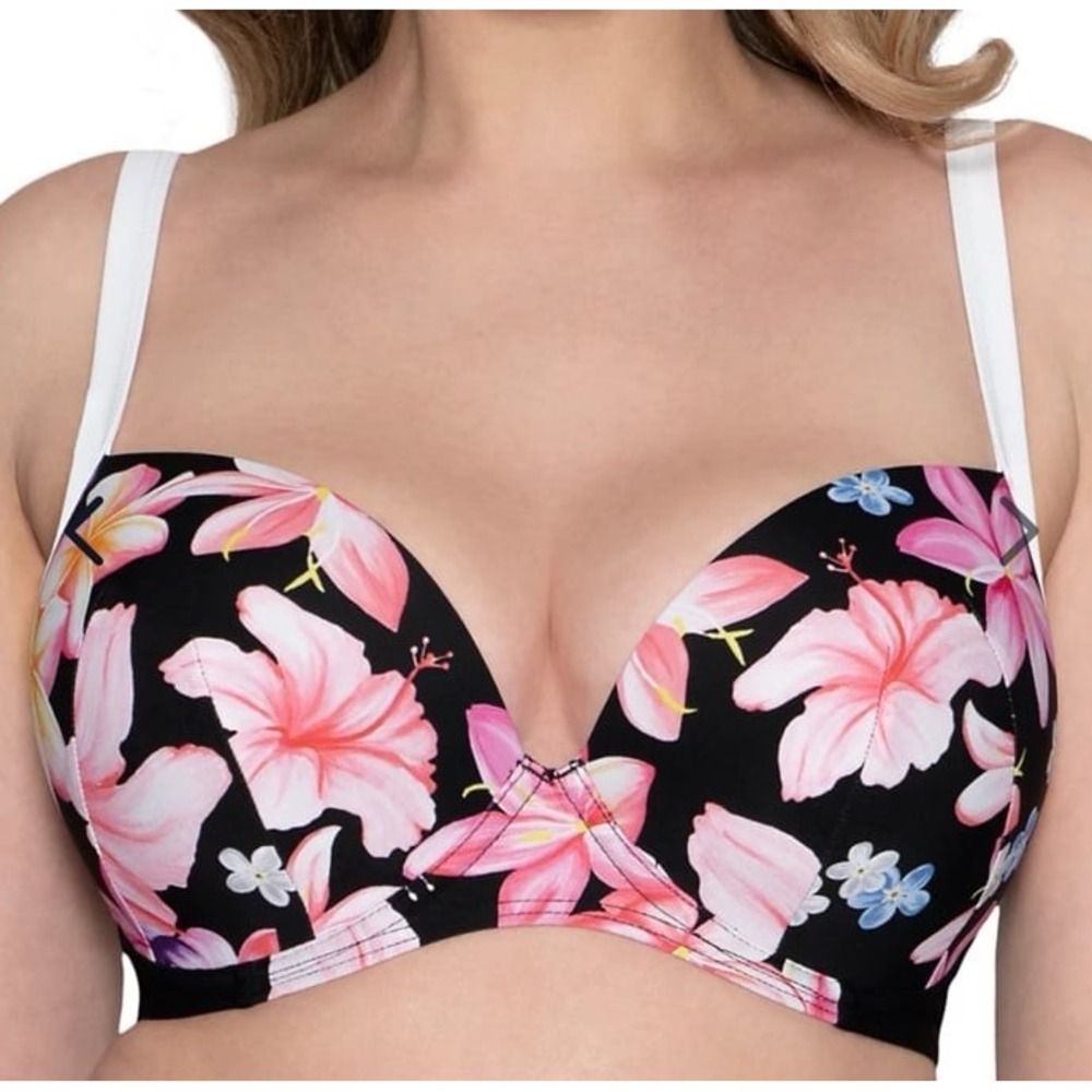 NEW‎ Curvy Kate Tropical Floral Print Molded Plunge Swimwear Bikini Top, 30DD